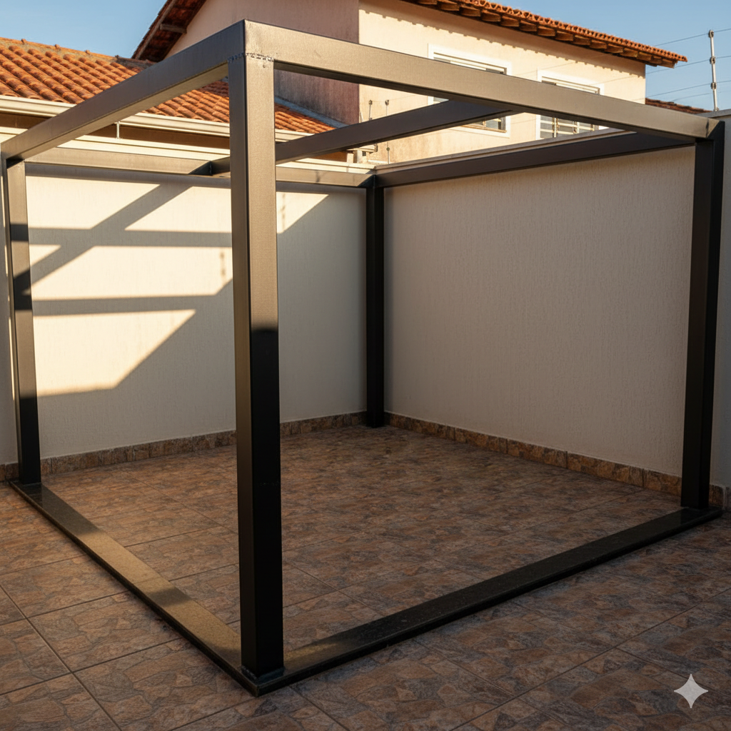 Pergolado de ferro em área externa residencial — VJM Serralheria Jacareí SP